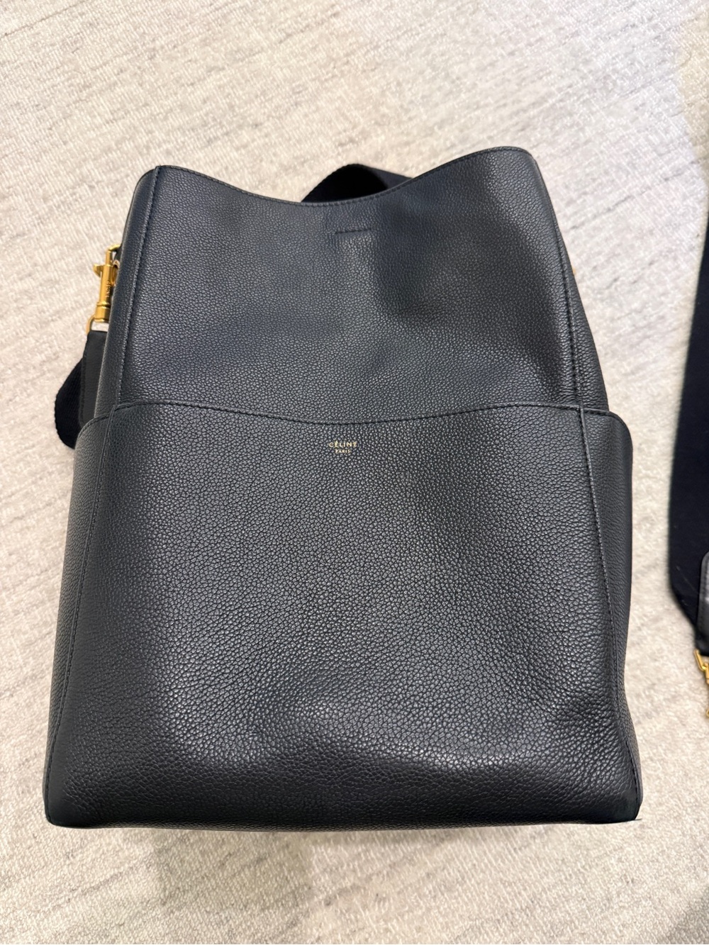 Celine Black Pebbled Leather Tote with Gold Logo